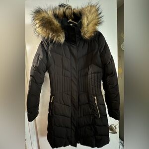 coat Ivanka Trump Black Puffer Coat Faux Fur Hood Long Quilted Jacket XS